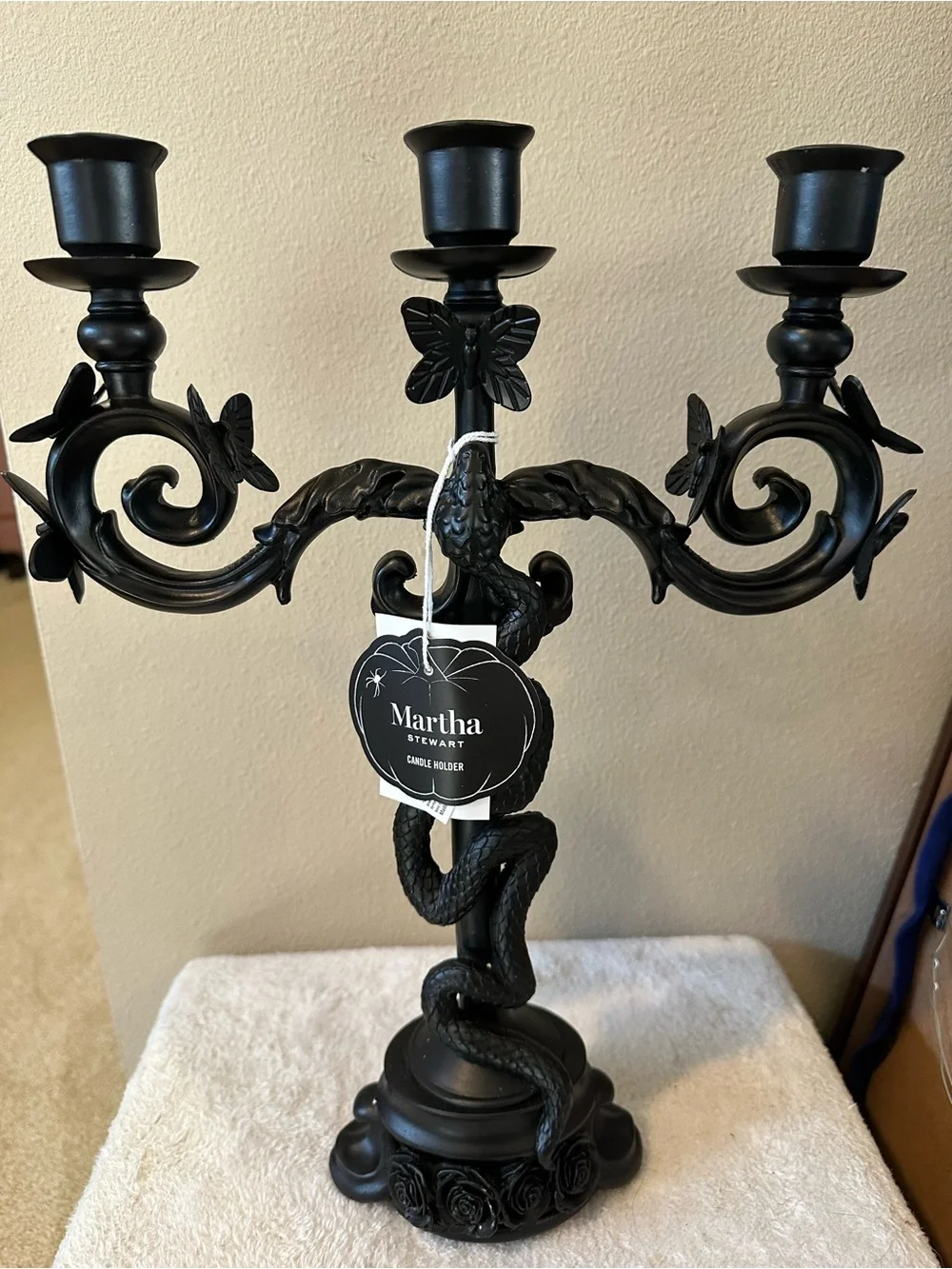 Martha Stewart Halloween Ornate Candelabra Candle Holder Black Resin 16” NWT